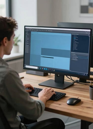 A professional graphic designer working in a modern International / Western office, sitting at a clean wooden desk with a large monitor showing soft blue and dark navy design layouts, sophisticated studio atmosphere, soft natural lighting.