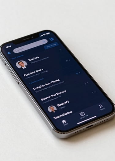 A high-end smartphone lying on a crisp off-white surface in a bright International / Western environment. The screen displays a banking dashboard with a sophisticated dark charcoal blue theme.