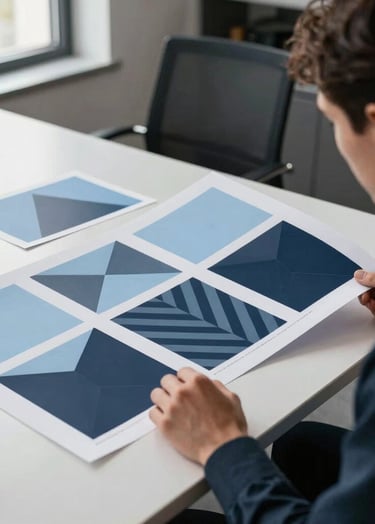 A high-end designer workspace in a modern International / Western office. On a clean desk, a professional sits reviewing high-quality printed brand assets featuring soft sky blue and dark charcoal navy geometric patterns. Bright natural lighting from a side window.