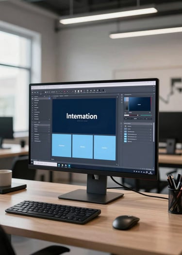A wide-angle professional photograph of a modern International / Western design studio. A high-resolution monitor displays a sleek branding project with dark charcoal blue and soft sky blue accents. The environment is bright and organized, emphasizing a sophisticated creative workspace.