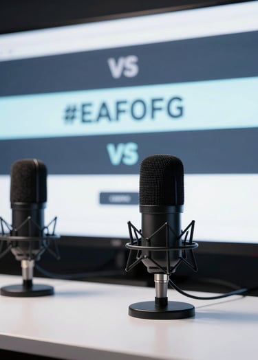 A minimalist shoutcaster desk setup with two professional microphones and headsets. In the background, a large LED wall displays high-contrast tournament graphics in #1F2E3A and #EAF0F5.