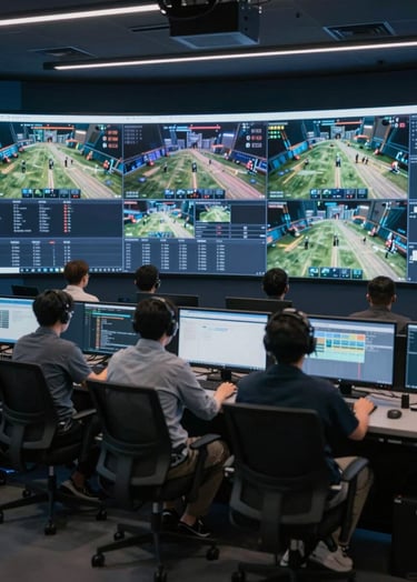 A wide shot of a professional broadcast control room during a live esports match. Engineers are seated in front of a massive wall of monitors displaying game feeds and camera angles. Dark blue and grey color scheme (#1F2E3A, #4A6075).