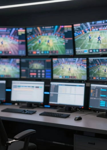 A sophisticated broadcast control room with multiple high-resolution monitors displaying live esports competition. The room is dimly lit with professional equipment in #1F2E3A, highlighting a clean, modern production environment with glowing blue status lights.