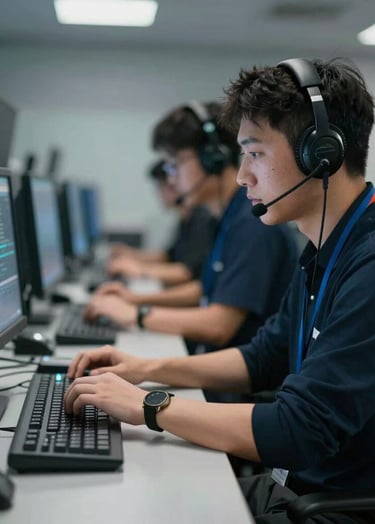 Action shot of the broadcast crew behind the scenes. A technician wearing a headset works on a control board. Focused, professional atmosphere with soft bokeh background and cool color palette.