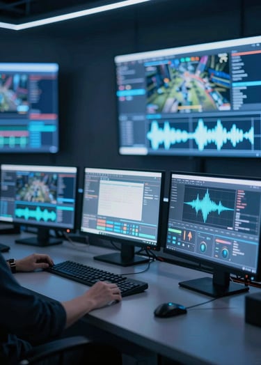 A sleek, modern broadcast control room at night. Multiple monitors glow with blue and white light, showing esports gameplay and technical waveforms. The atmosphere is professional and high-tech, using #1F2E3A and #4A6075 tones in the shadows and reflections.