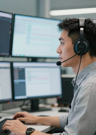 A professional portrait of a broadcast technician in a headset, looking toward a wall of screens, shot in a sleek, modern style with a neutral #EAF0F5 palette.
