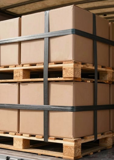 Close-up of neatly stacked cardboard packaging pallets loaded inside a clean, dry canopy lorry bed, secure industrial cargo straps tightly fastened, natural daylight.