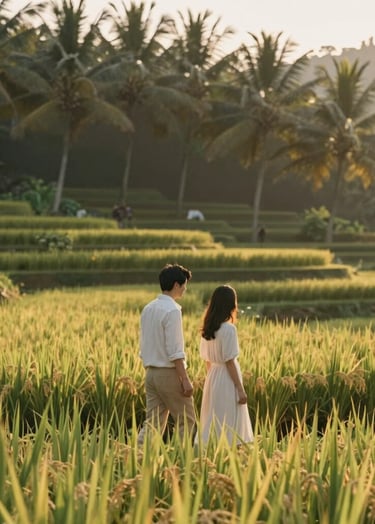 A serene, candid shot of a couple walking through lush rice terraces at golden hour. The sunlight is soft and ethereal, casting a warm glow. The palette features #F8F5EF in their light clothing and #7B6654 in the deep shadows of the palms. Minimalist and elegant style.