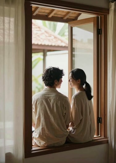 An intimate indoor shot of a couple sharing a quiet moment by a large window in a traditional Balinese villa. Warm wooden textures in #7B6654 contrast with soft #F8F5EF linen fabrics. The lighting is soft and directional, highlighting the emotion on their faces in a minimalist, serene composition.