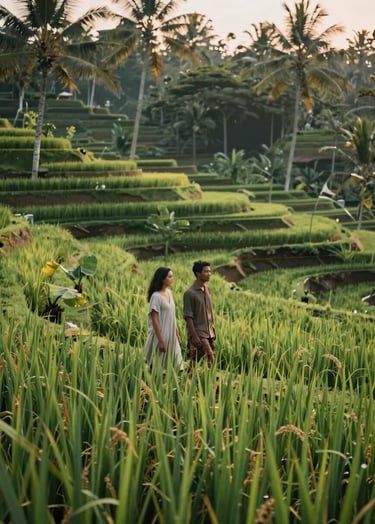 A couple walking through a lush green rice terrace in Bali during the golden hour. The shot is wide and cinematic, emphasizing the scale of nature. Palette: #7B6654 and #C8B6A6.