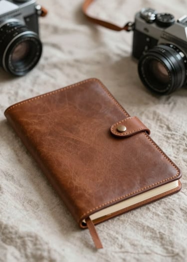 Elegant flat-lay of a leather-bound diary and a classic film camera on a wrinkled #F8F5EF linen sheet, soft morning shadows, intimate and warm atmosphere in #C8B6A6 tones.