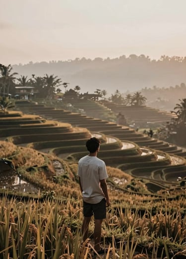A traveler overlooking the lush Ubud rice terraces at dawn, soft cinematic lighting, evocative and serene atmosphere. Colors feature deep browns and soft creams.