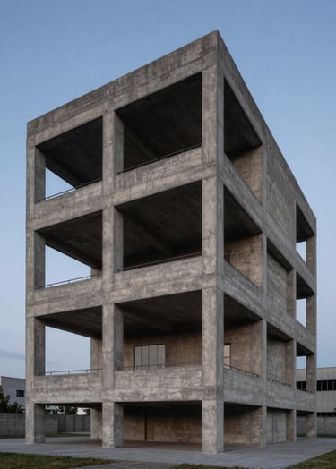 A large, professional architectural photograph of a brutalist concrete structure under a muted blue dawn sky, emphasizing structure and visual weight, Global / Contemporary Art.