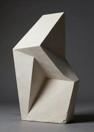 A contemporary minimalist sculpture made of off-white plaster set against a dark charcoal background. Sharp shadows, high contrast, editorial photography style.