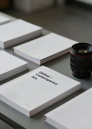 A mid-shot of a curator's desk with neatly stacked white journals and a single camera lens. Highly organized and architectural layout. Soft gray and dark gray tones, Global / Contemporary Art.