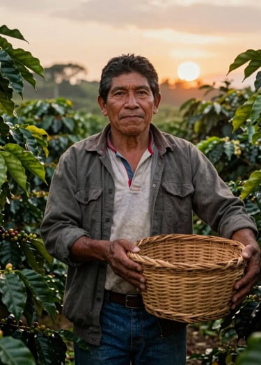 A respectful portrait of a coffee farmer in South American / Latin attire standing amongst lush coffee shrubs, holding a traditional wicker basket, warm sunset lighting, natural and authentic mood with deep green and brown tones.