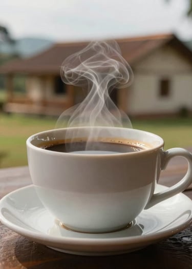 A close-up of a steaming ceramic cup of coffee on a dark wooden table, soft light catching the steam, with a blurred South American / Latin plantation house in the background, inviting and warm mood.