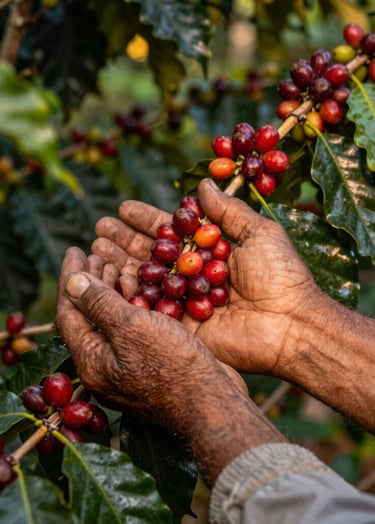 A medium shot of a South American / Latin farmer's weathered hands gently cupping a cluster of ripe, bright red coffee cherries on a branch, surrounded by deep forest green leaves, warm natural golden hour lighting, authentic craftsmanship feel.
