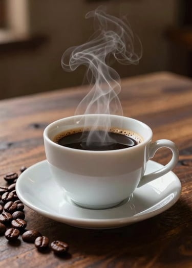 An elegant still life of a freshly brewed cup of black coffee on a rustic wooden table in a South American hacienda, steam rising, surrounded by roasted coffee beans, warm side lighting, dark brown and roasted tan tones.