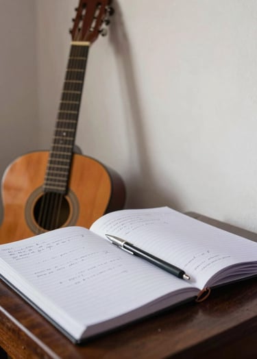 A sophisticated, soulful candid shot of a songwriter's workspace in a South American / Venezuelan home, featuring a notebook with lyrics and a guitar leaning against a wall, natural light with off-white and dusty purple accents.