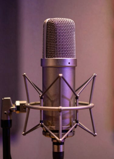A close-up photography of a professional studio microphone in a dimly lit Venezuelan music studio, soft warm lighting hitting the metallic surface, muted purple and coral tones in the soft-focus background, sophisticated and soulful vibe.