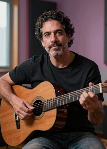 A professional portrait of Eduardo Grillo with his acoustic guitar, sitting in a modern music studio in Maracay, Venezuela. Soft natural lighting from a window creates a soulful atmosphere with subtle rose and muted purple color tones in the background.