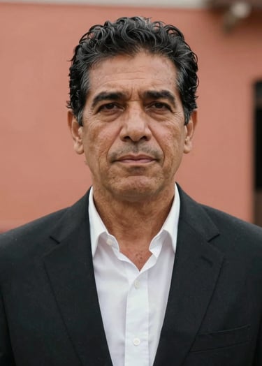 Portrait of Eduardo Grillo with a soulful expression, authentic and sophisticated style, natural soft light, South American / Venezuelan outdoor setting. Palette colors used: Black and Coral.
