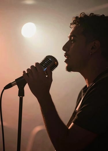 An atmospheric live music photography shot in a South American / Venezuelan club, featuring a silhouette of a singer and a vintage microphone, blurred lights in salmon and off-white tones.