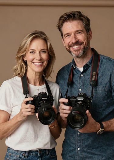A professional portrait of a married photographer couple in a North American / US studio. They are smiling and holding two different high-end cameras. The aesthetic is warm, artistic, and professional.