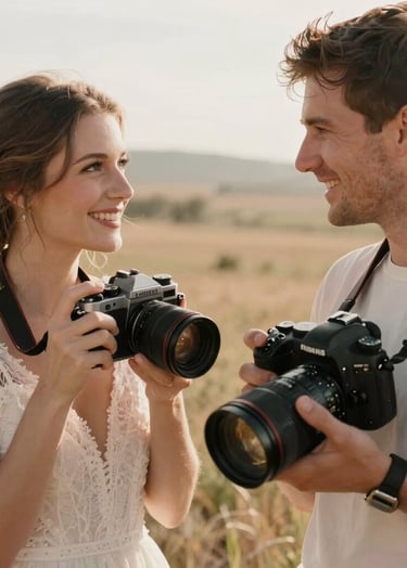 A professional married couple holding cameras, smiling at each other in a sun-drenched North American / US outdoor setting. One holds a vintage-style camera, the other a modern DSLR. Warm lighting, artistic soft focus, featuring muted rose and off-white tones.