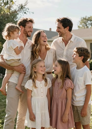 A joyful portrait of a family laughing together in a sun-drenched North American / US backyard. They are wearing casual clothing in warm off-white and soft dusty rose tones. The composition is natural and artistic.
