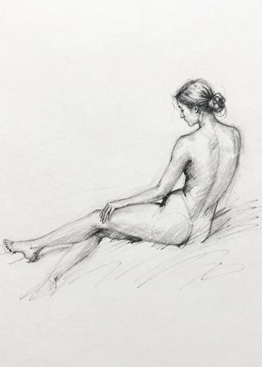 An elegant overhead shot of charcoal sketches on #F9F8F7 paper. The sketches show the initial movement and flow planned for the 'Ethereal Echoes' piece. The composition is clean and minimalist, highlighting the raw beginning of a personal story.