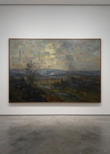 A cinematic, wide-angle shot of a large oil painting titled 'Eternal Silence' depicting a hazy, abstract landscape in tones of #1A1A1A and #6B705C. The painting is displayed in a quiet, modern gallery with a polished concrete floor.