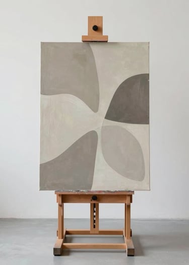 The painting 'Ethos' displayed on a minimalist easel. The canvas features organic shapes in #6B705C and #C8C0B2. The surrounding studio is clean and elegant, with plenty of negative space to allow the art to breathe.