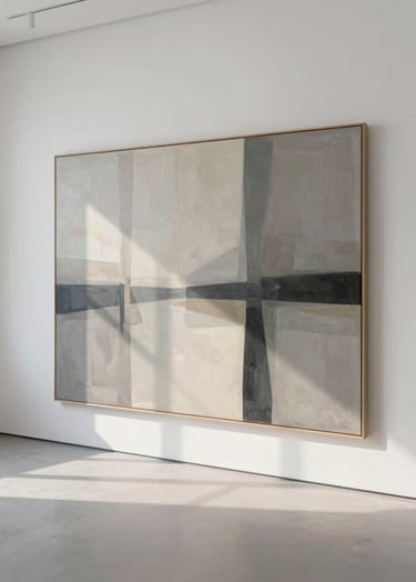 A wide, immersive shot of a large-scale abstract painting leaning against a clean, white gallery wall. The artwork uses a palette of #6B705C and #1A1A1A, with soft morning light streaming in from the side, creating an elegant and sanctuary-like atmosphere.