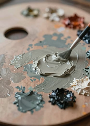 A close-up photograph of an artist's palette with thick textures of #6B705C and #C8C0B2 paints being mixed. Soft side-lighting highlights the creamy consistency of the oil paint, creating a contemplative and tactile feel consistent with an elegant art sanctuary.
