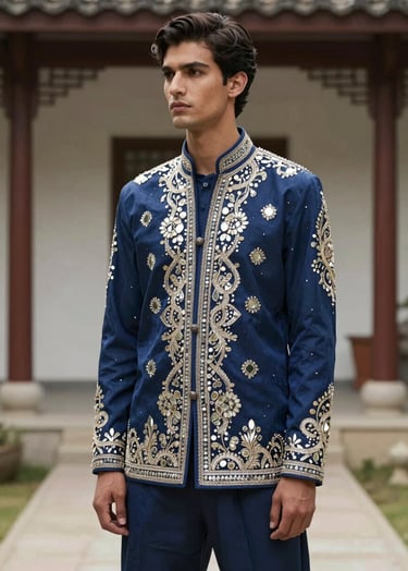 A cinematic fashion editorial shot of a model wearing a structured indigo-blue jacket with intricate Pakistani mirror-work, standing in a minimalist East Asian / South Asian influenced for a global luxury audience courtyard with soft natural light.