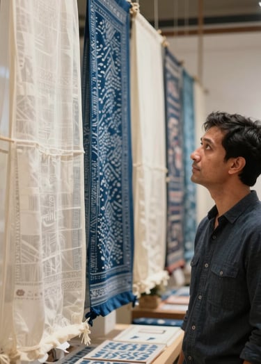 A professional portrait of a designer looking thoughtfully at a hanging textile installation. The installation consists of translucent ivory fabrics layered with deep indigo patterns, set within a bright, airy East Asian / South Asian influenced for a global luxury audience atelier.