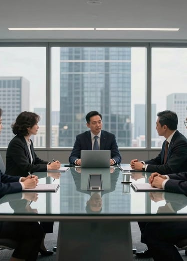 A high-end, minimalist corporate boardroom in a North American skyscraper. Professionals in sophisticated attire are gathered around a sleek glass table for a film distribution strategy meeting. Cinematic lighting with deep shadows and soft navy and gray accents.