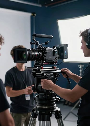 A high-end cinematic production set in a North American studio. A professional camera crew is operating a large gimbal system. Sophisticated lighting design with cool navy tones and bright highlights, creating a professional and innovative mood.
