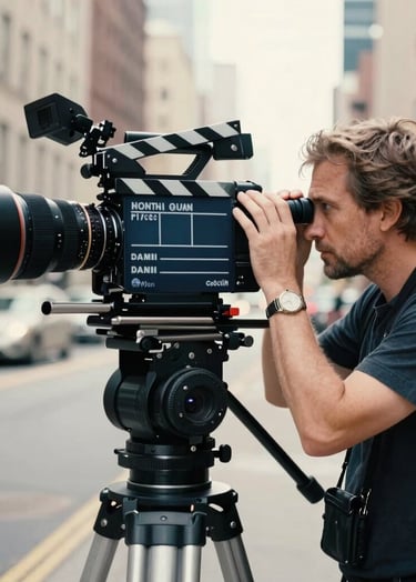A professional film director looking through a high-end cinema camera viewfinder on a metropolitan North American street, dramatic cinematic lighting with slate blue and off-white tones, sharp focus, professional atmosphere.