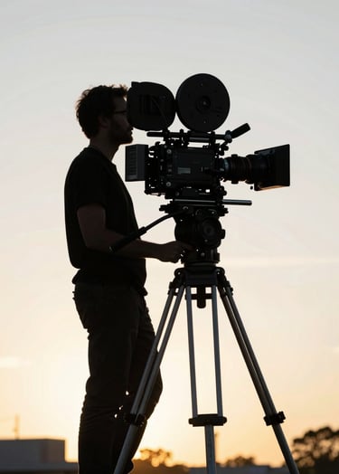 A silhouette of a professional film director in a North American setting, standing behind a high-end cinema camera on a tripod during a golden hour sunset, cinematic lighting with soft pearl white highlights.