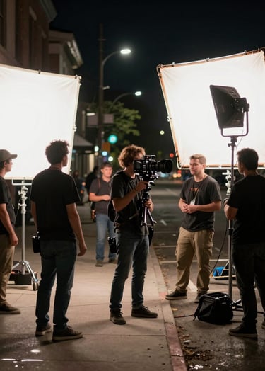 A busy film production set on a North American urban street at night, professional lighting rigs, crew members at work, cinematic and innovative atmosphere with soft pearl white lighting.