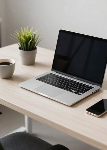 A clean, minimalist workspace in a South American office. A sleek laptop, a ceramic cup of coffee, and a small plant sit on an off-white wooden desk. Bright and airy atmosphere with soft natural light.