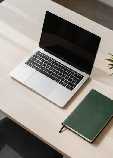 A top-down, minimalist photography of a professional designer's workspace in a South American studio. On an off-white wooden desk sit a sleek laptop, a dark green notebook, and a small olive green plant. Natural sunlight creates soft, clean shadows. Professional, high-end, clean composition.