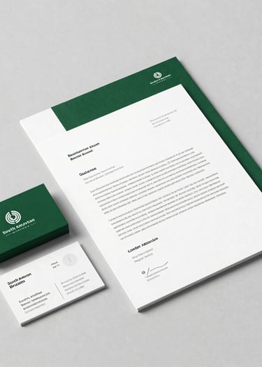 Clean, high-end studio photography of minimalist stationery design on a light grey textured background. The scene includes professional business cards and letterheads with dark green accents. Soft natural lighting, South American Brazilian design studio aesthetic.