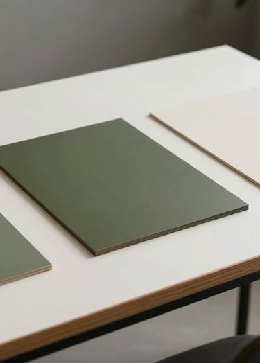 Professional photography of a minimalist studio desk in South America with natural lighting, featuring design samples in olive green and off-white.