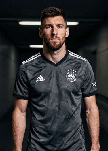 A high-end editorial photography shot of a professional football player standing in a dark, moody stadium tunnel in Amsterdam. The lighting is dramatic, highlighting the texture of the charcoal jersey. Minimalist composition with a focus on quiet intensity.