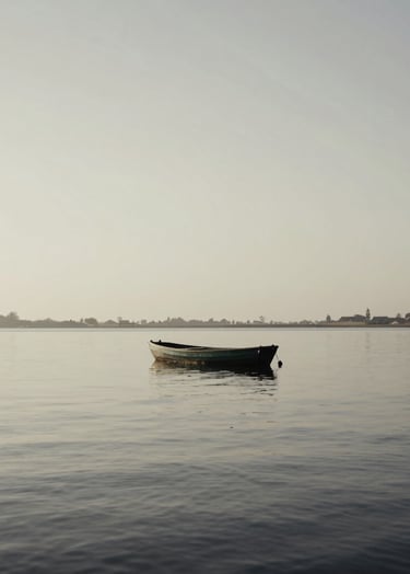 A large, full-bleed photograph of a solitary boat on a vast, still lake in the Dutch countryside. The palette is muted charcoal and off-white. The lighting is soft and atmospheric, conveying a sense of profound stillness and creative focus.