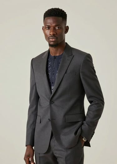 A high-fashion editorial portrait of P.E.P YLS wearing a tailored suit with subtle traditional Nigerian embroidery. He is posed confidently against a minimalist #F5F5EB wall. The lighting is sharp and cinematic, focusing on his expression.